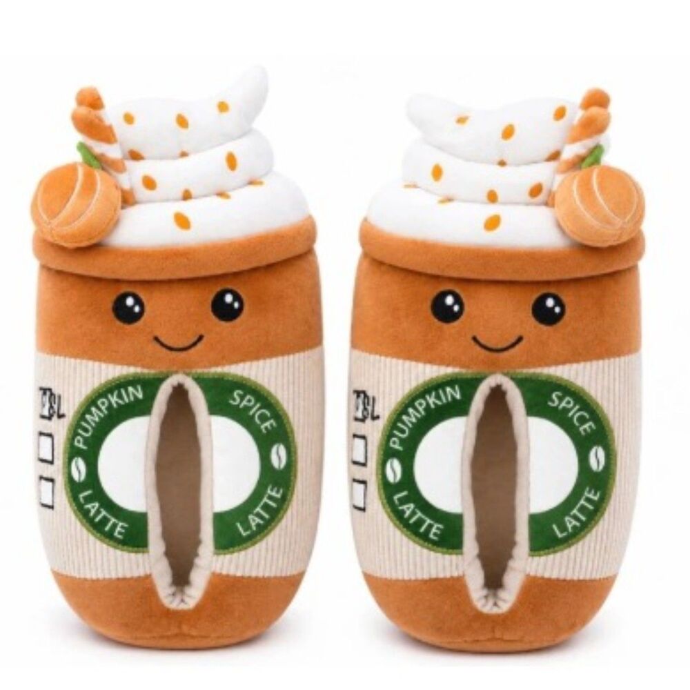 Pumpkin Spice Latte Slippers Women’s Size 7-8 Plush Coffee Cup Fall NWT